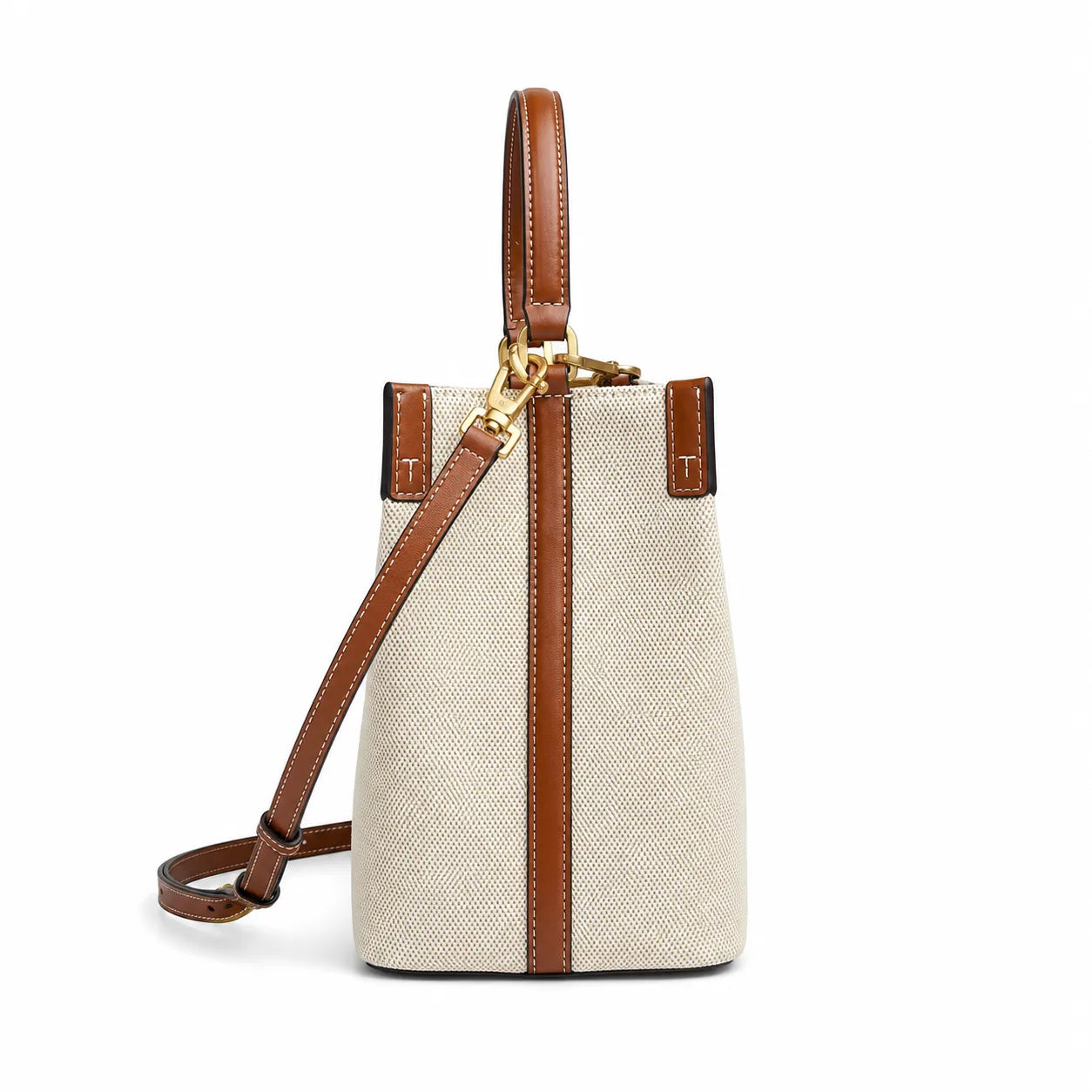 Tory Burch Blake | A women's designer handbag in beige canvas and brown leather with a detachable shoulder strap and top handle offering multiple carrying options
