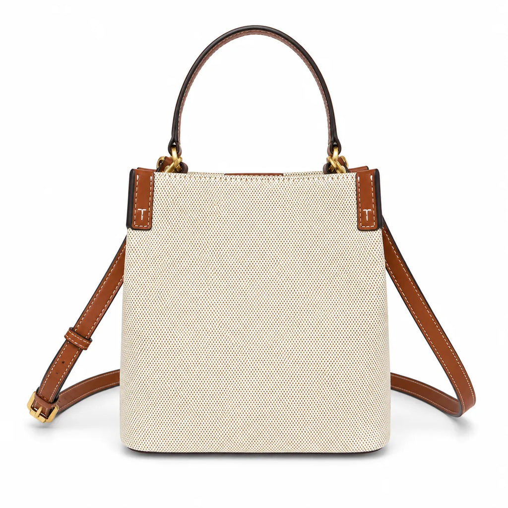 Tory Burch Blake | A women's designer handbag in beige canvas and brown leather with a detachable shoulder strap and top handle offering multiple carrying options