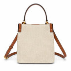 Tory Burch Blake | A women's designer handbag in beige canvas and brown leather with a detachable shoulder strap and top handle offering multiple carrying options
