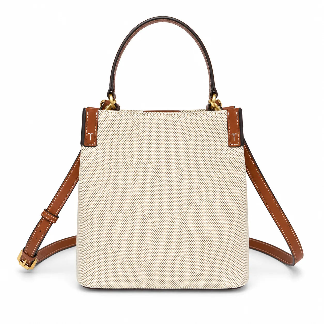 Tory Burch Blake | A women's designer handbag in beige canvas and brown leather with a detachable shoulder strap and top handle offering multiple carrying options