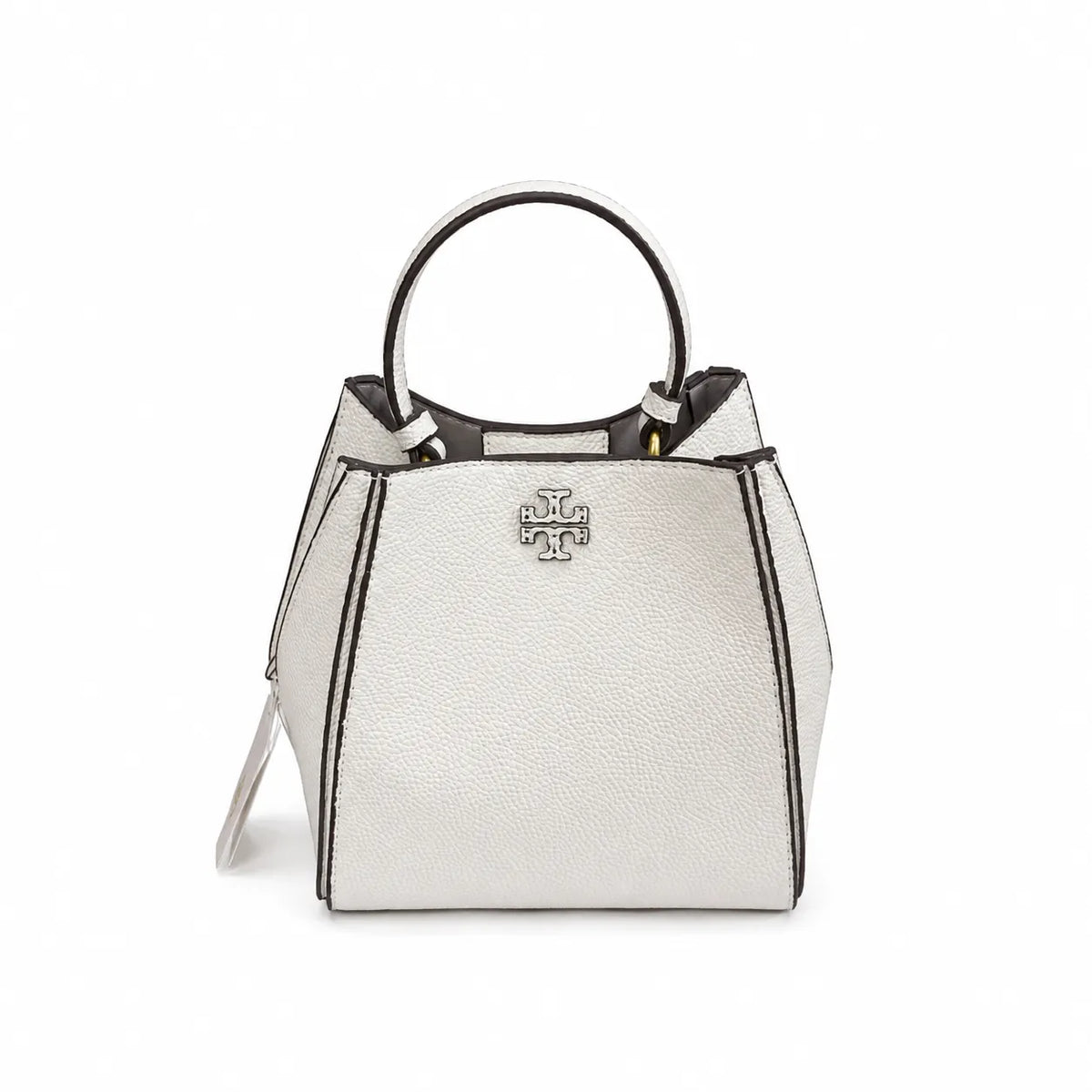 Tory Burch McGraw | Beige pebbled leather detachable shoulder strap and top handle multiple carrying options  women's designer handbag