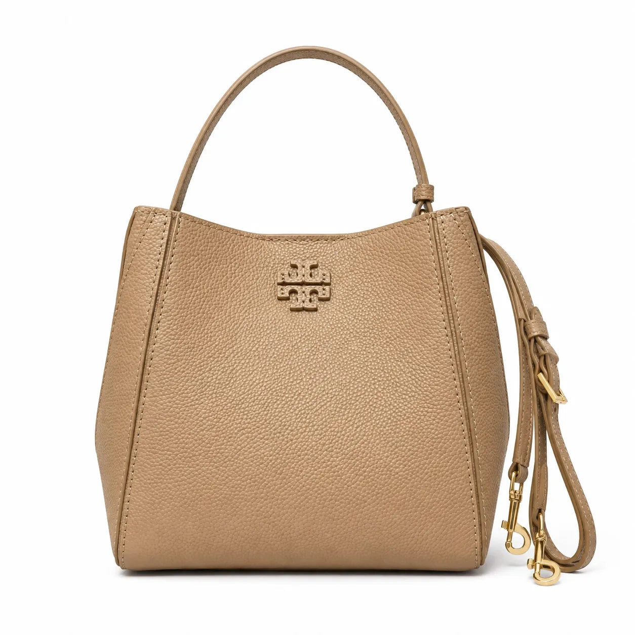 Tory Burch McGraw | Beige pebbled leather detachable shoulder strap and top handle multiple carrying options  women's designer handbag