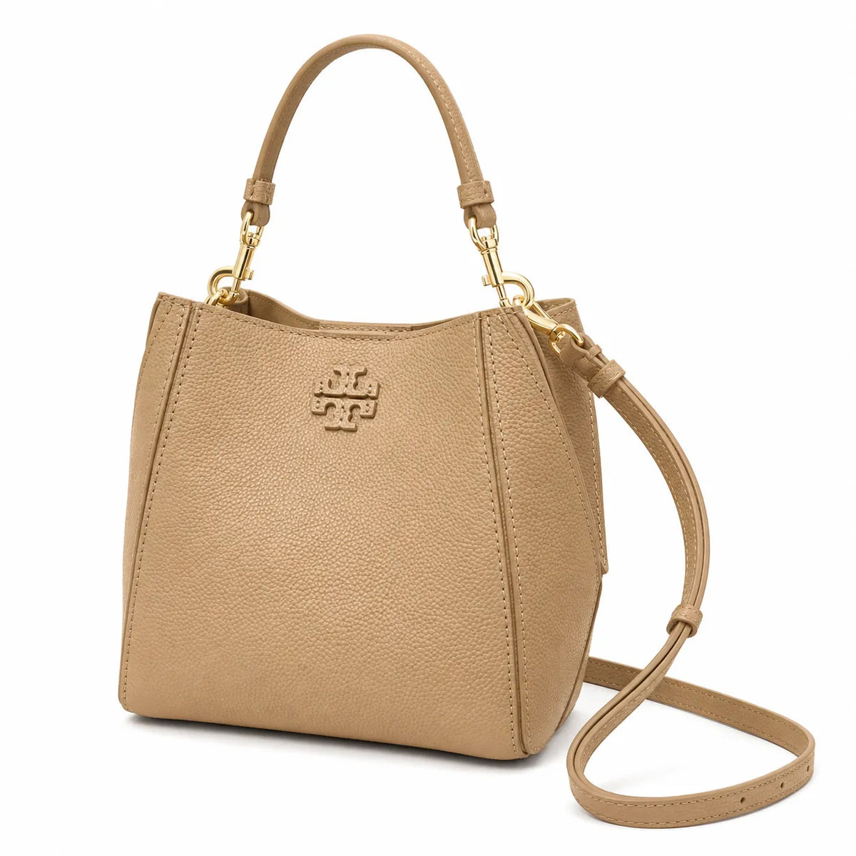 Tory Burch McGraw | Beige pebbled leather detachable shoulder strap and top handle multiple carrying options  women's designer handbag