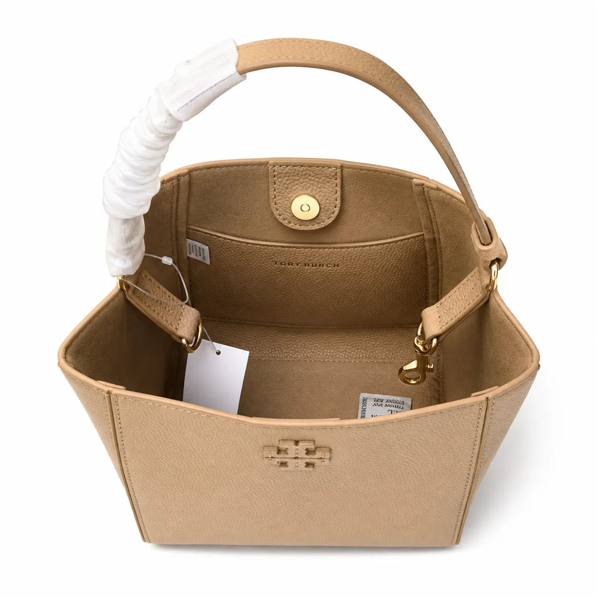 Tory Burch McGraw | Beige pebbled leather detachable shoulder strap and top handle multiple carrying options  women's designer handbag