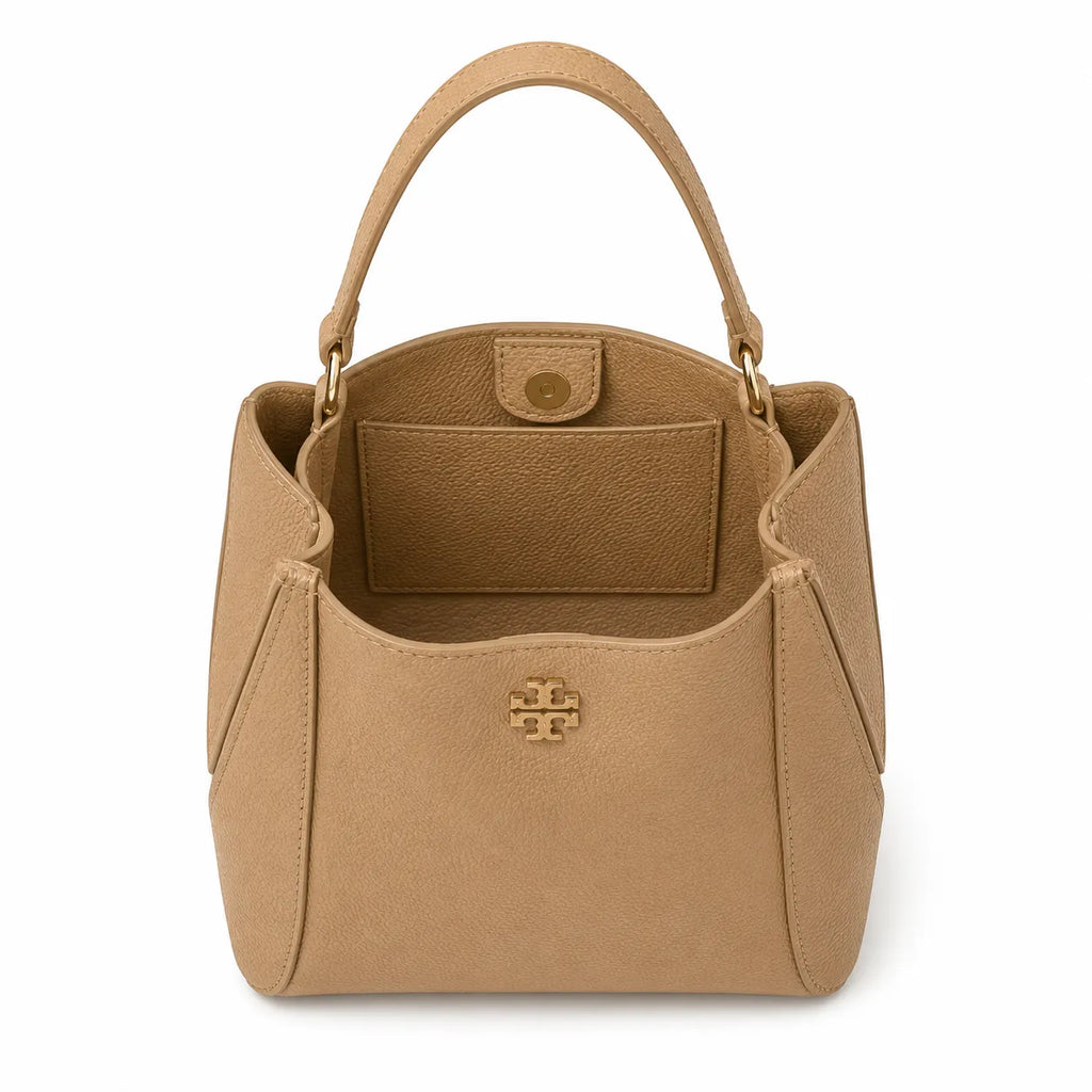 Tory Burch McGraw | Beige pebbled leather detachable shoulder strap and top handle multiple carrying options  women's designer handbag