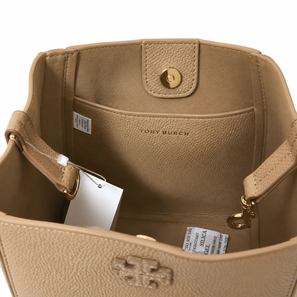 Tory Burch McGraw | Beige pebbled leather detachable shoulder strap and top handle multiple carrying options  women's designer handbag
