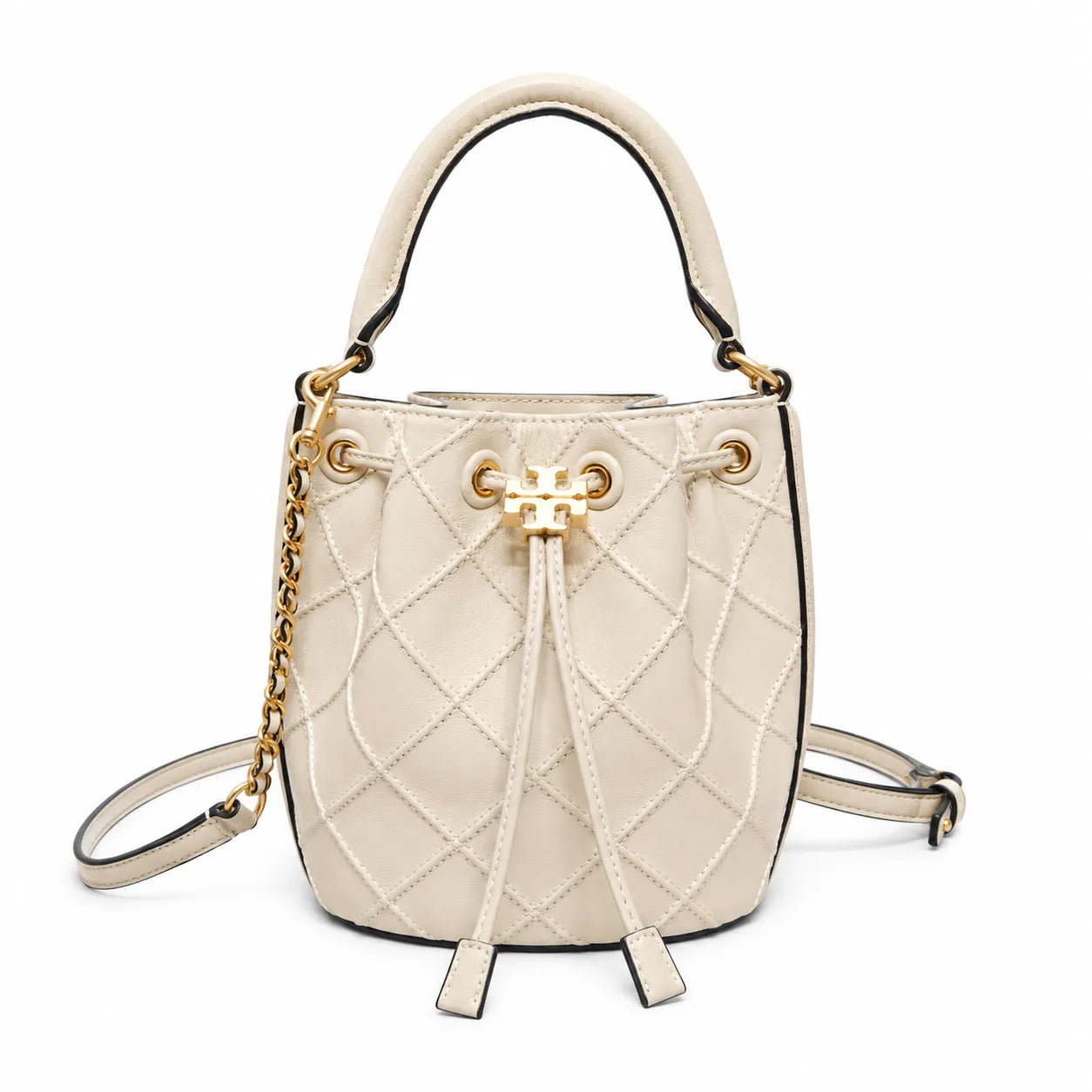 Tory Burch Fleming | Off-white soft lambskin quilted diamond pattern drawstring closure detachable chain/multiple carrying options women's designer handbag