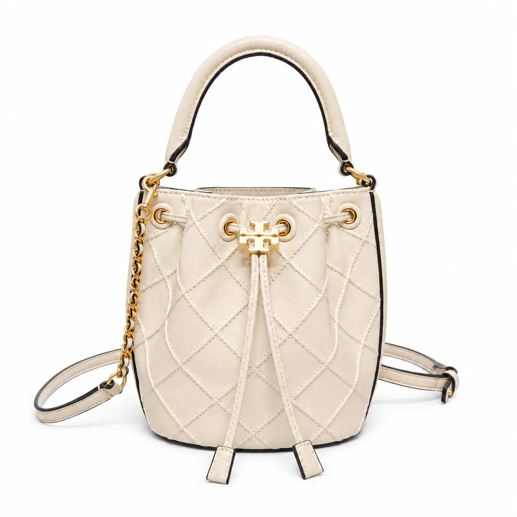 Tory Burch Fleming | Off-white soft lambskin quilted diamond pattern drawstring closure detachable chain/multiple carrying options women's designer handbag