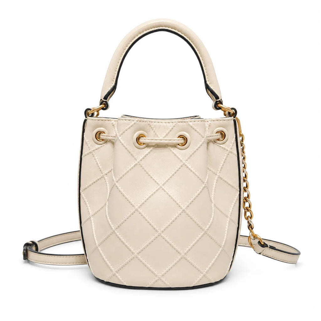 Tory Burch Fleming | Off-white soft lambskin quilted diamond pattern drawstring closure detachable chain/multiple carrying options women's designer handbag