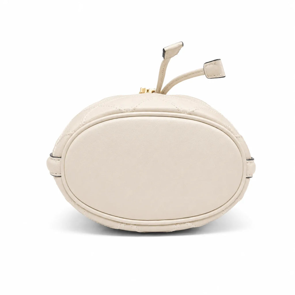Tory Burch Fleming | Off-white soft lambskin quilted diamond pattern drawstring closure detachable chain/multiple carrying options women's designer handbag