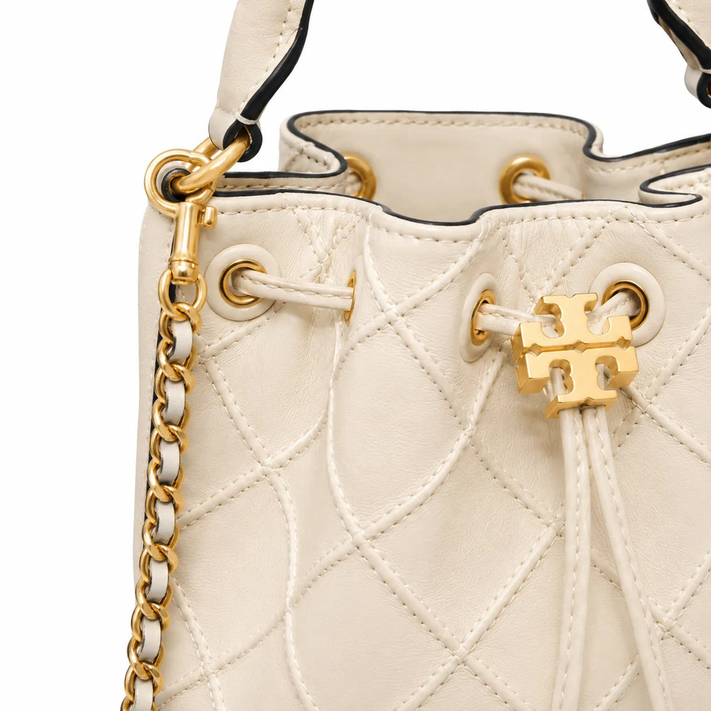 Tory Burch Fleming | Off-white soft lambskin quilted diamond pattern drawstring closure detachable chain/multiple carrying options women's designer handbag