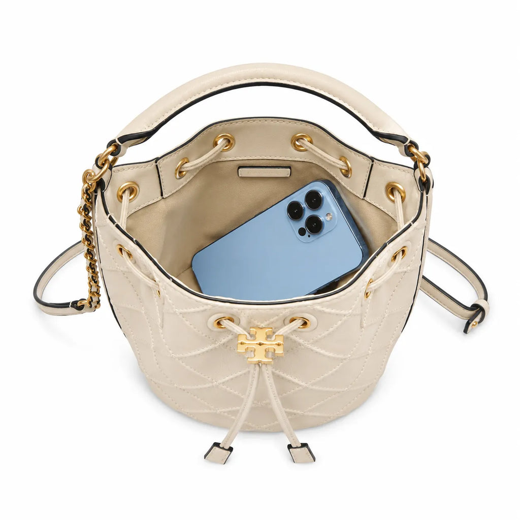 Tory Burch Fleming | Off-white soft lambskin quilted diamond pattern drawstring closure detachable chain/multiple carrying options women's designer handbag