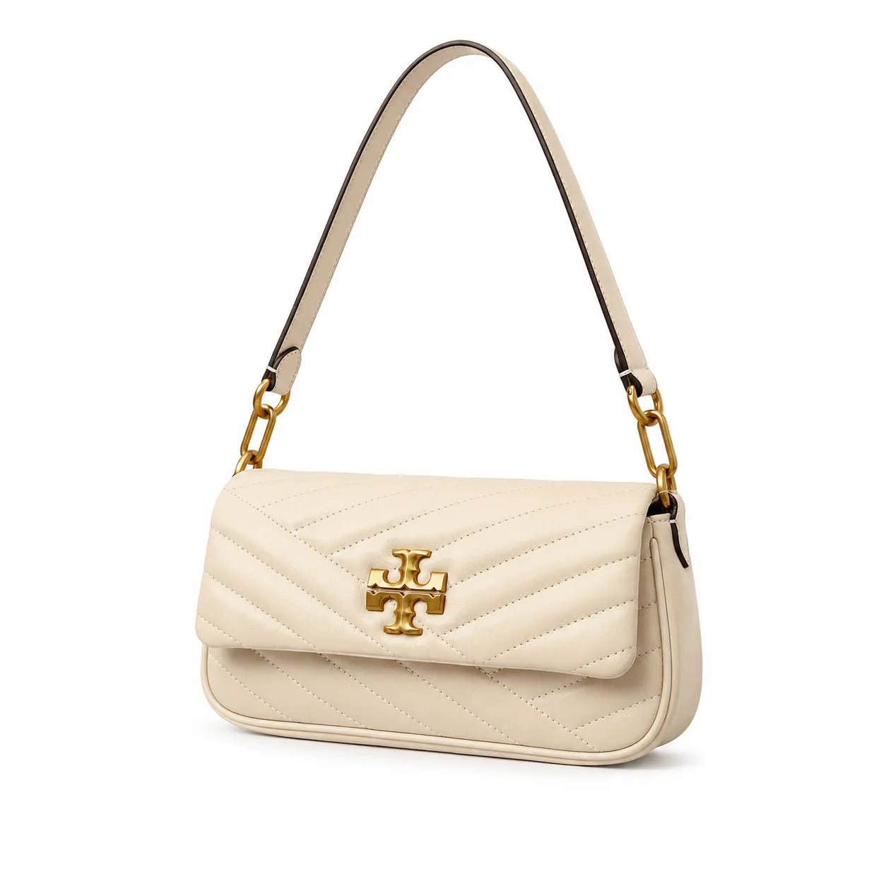 Tory Burch Kira Chevron | Off-white soft lambskin herringbone stitching detachable chain multiple carrying options women's designer handbag