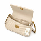 Tory Burch Kira Chevron | Off-white soft lambskin herringbone stitching detachable chain multiple carrying options women's designer handbag