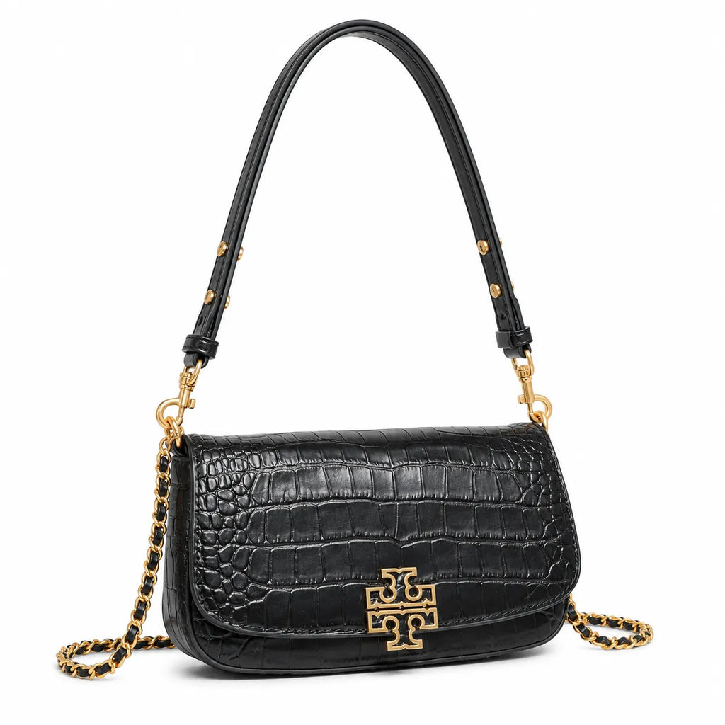 Tory Burch Britten Crocodile Embossed Handbag | Black Textured Leather with Detachable Chain  Multiple Ways to Carry Designer Handbag for Women
