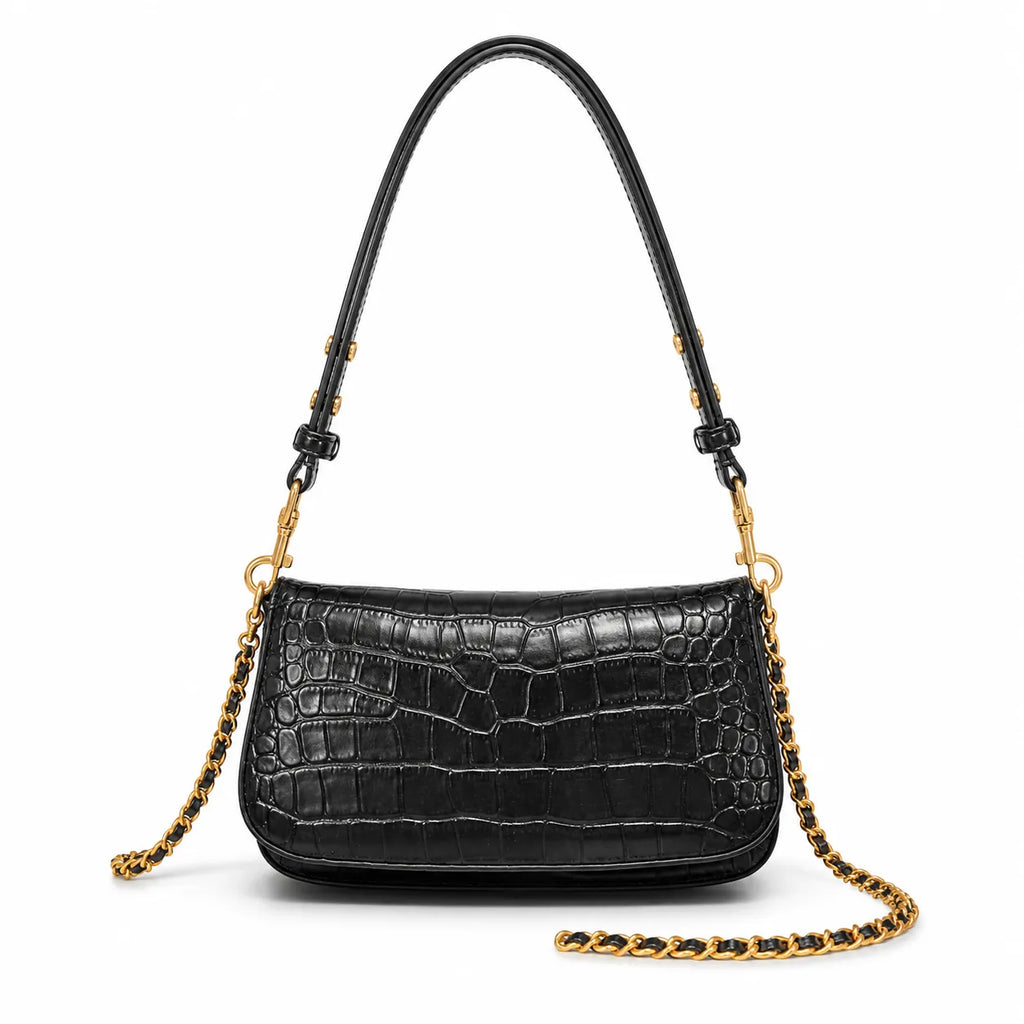 Tory Burch Britten Crocodile Embossed Handbag | Black Textured Leather with Detachable Chain  Multiple Ways to Carry Designer Handbag for Women