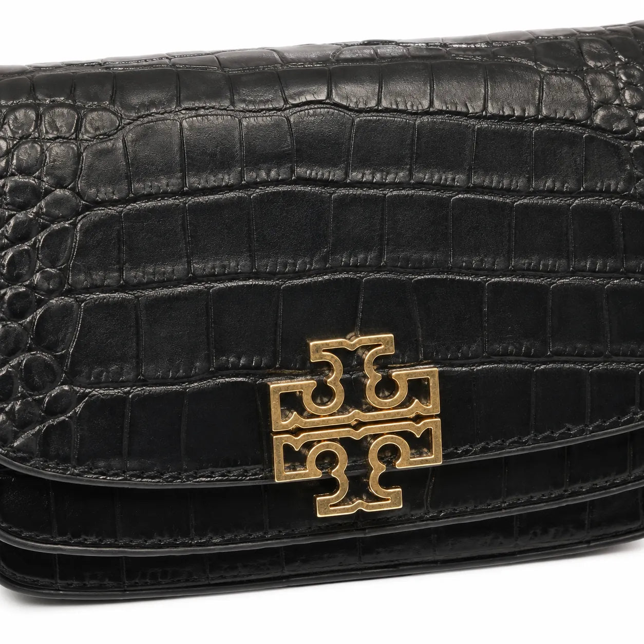 Tory Burch Britten Crocodile Embossed Handbag | Black Textured Leather with Detachable Chain  Multiple Ways to Carry Designer Handbag for Women