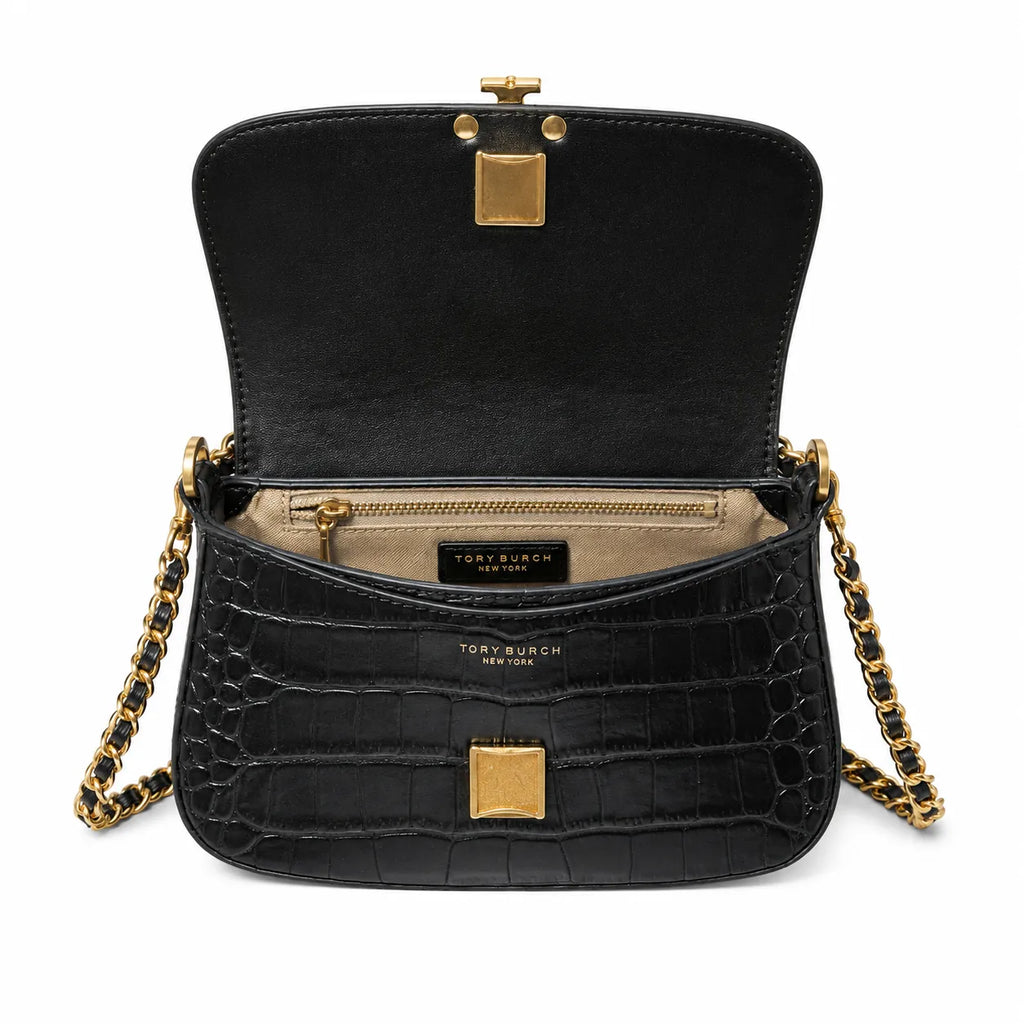 Tory Burch Britten Crocodile Embossed Handbag | Black Textured Leather with Detachable Chain  Multiple Ways to Carry Designer Handbag for Women