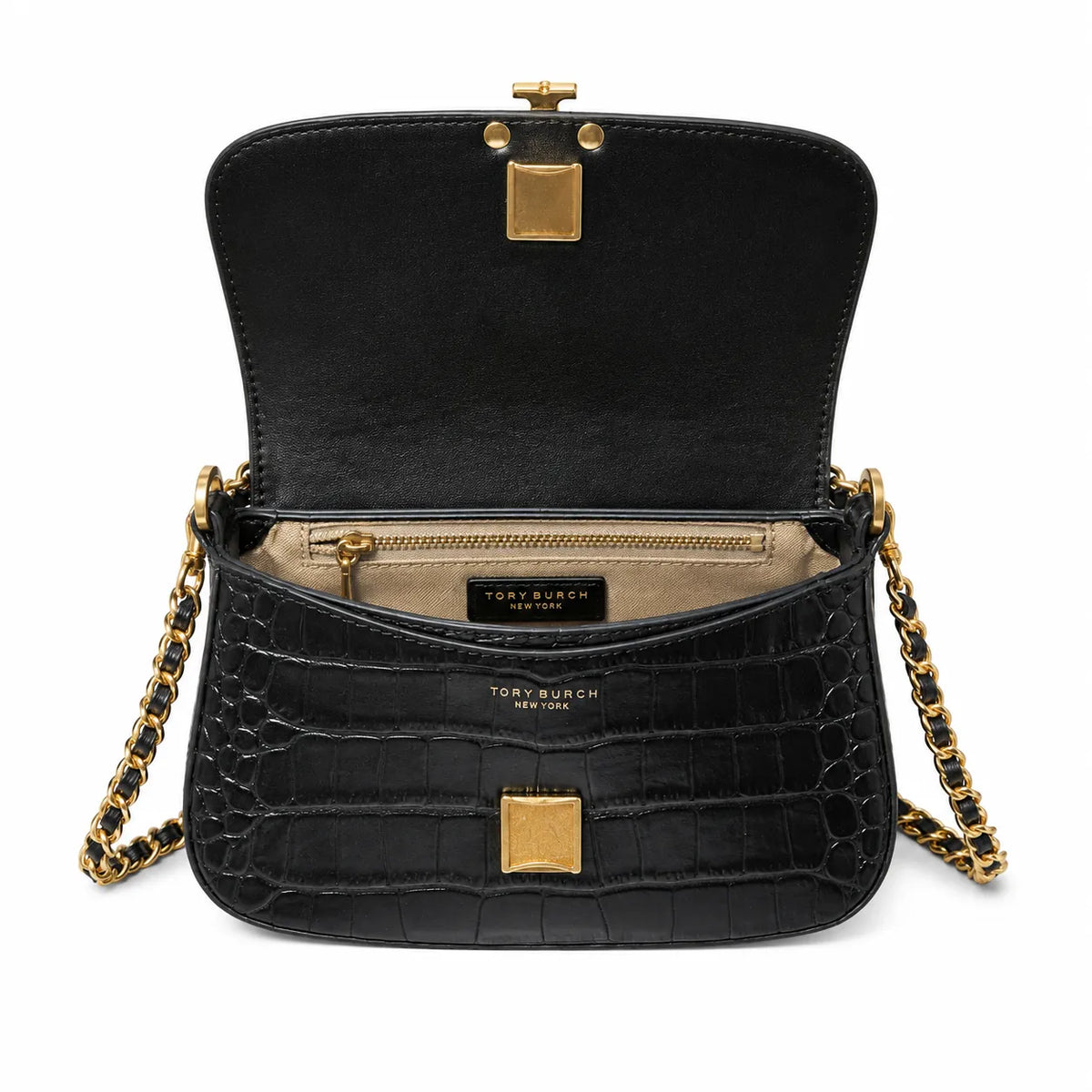 Tory Burch Britten Crocodile Embossed Handbag | Black Textured Leather with Detachable Chain  Multiple Ways to Carry Designer Handbag for Women