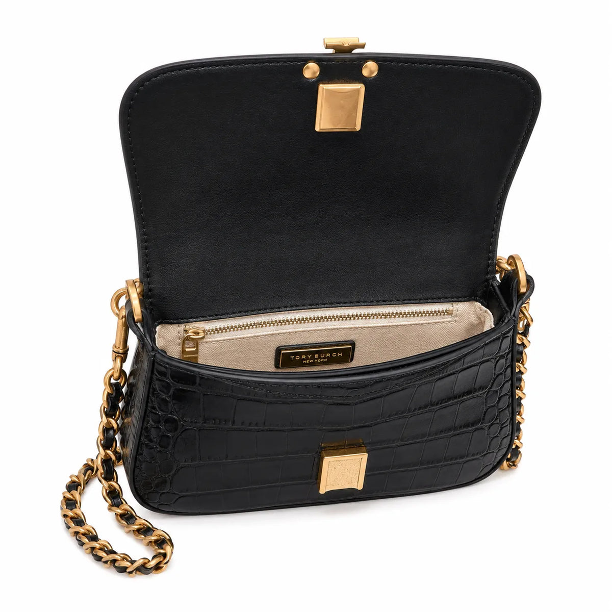 Tory Burch Britten Crocodile Embossed Handbag | Black Textured Leather with Detachable Chain  Multiple Ways to Carry Designer Handbag for Women