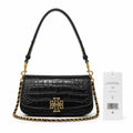 Tory Burch Britten Crocodile Embossed Handbag | Black Textured Leather with Detachable Chain  Multiple Ways to Carry Designer Handbag for Women