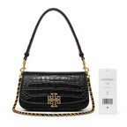 Tory Burch Britten Crocodile Embossed Handbag | Black Textured Leather with Detachable Chain  Multiple Ways to Carry Designer Handbag for Women