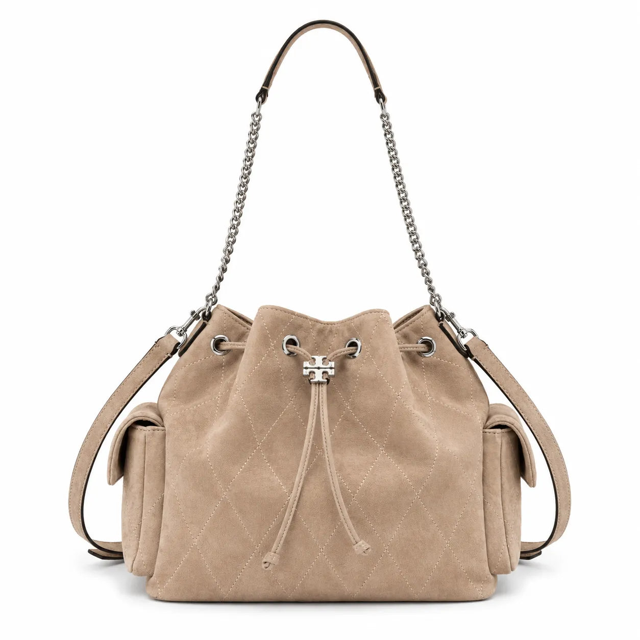 Tory Burch Charlie | Light brown soft suede with diamond stitching drawstring closure and detachable chain A women's designer quilted suede bucket bag offering multiple carrying options