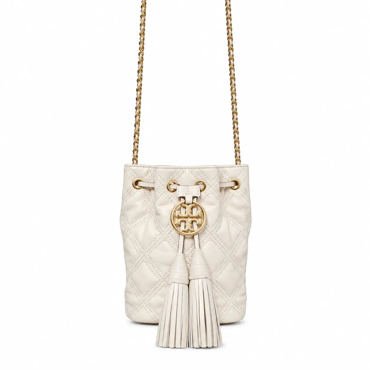 Tory Burch Fleming off-white quilted lambskin with gold logo and tassels  comes with an adjustable chain shoulder strap for multiple carrying options a women's designer handbag