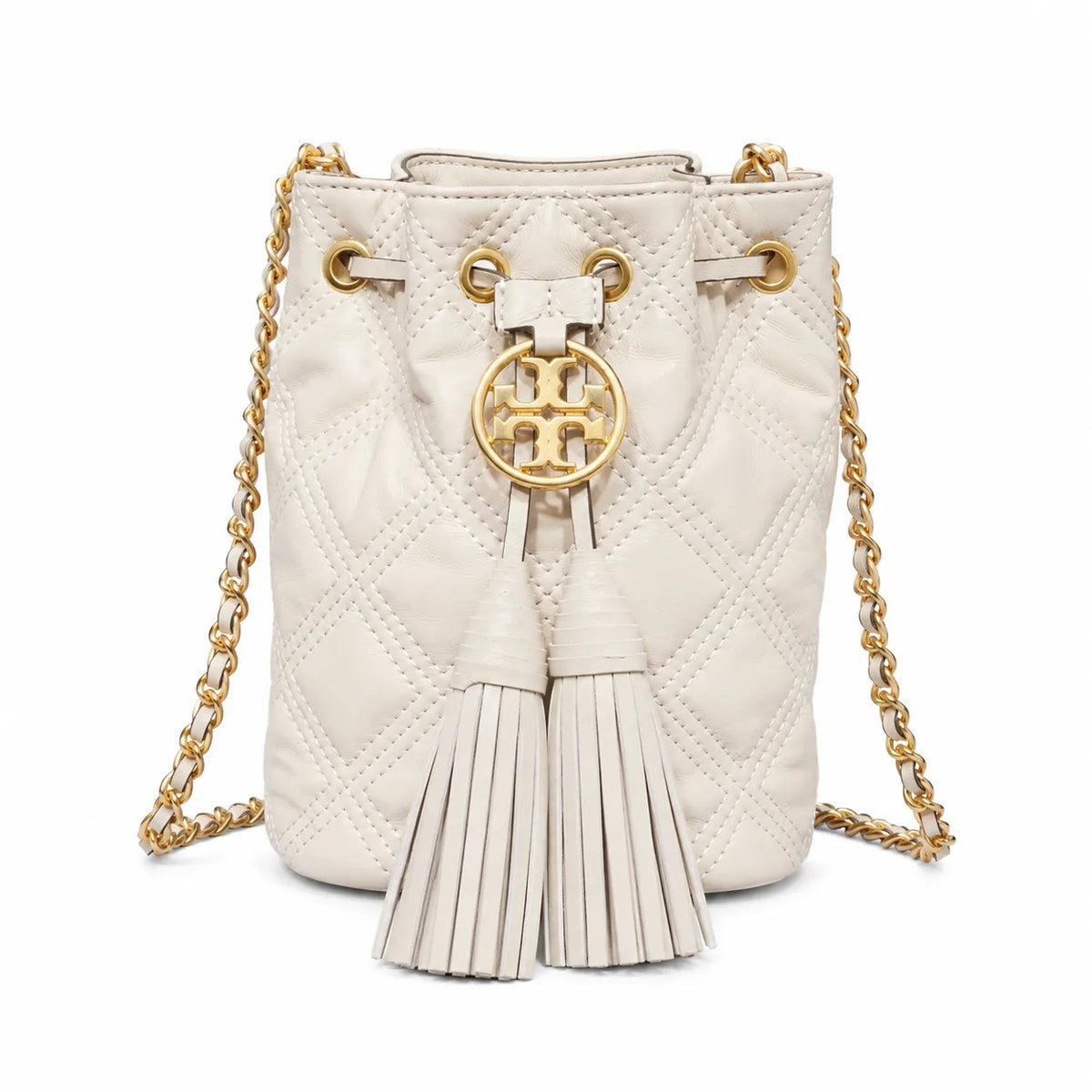 Tory Burch Fleming off-white quilted lambskin with gold logo and tassels  comes with an adjustable chain shoulder strap for multiple carrying options a women's designer handbag