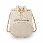 Tory Burch Fleming off-white quilted lambskin with gold logo and tassels  comes with an adjustable chain shoulder strap for multiple carrying options a women's designer handbag