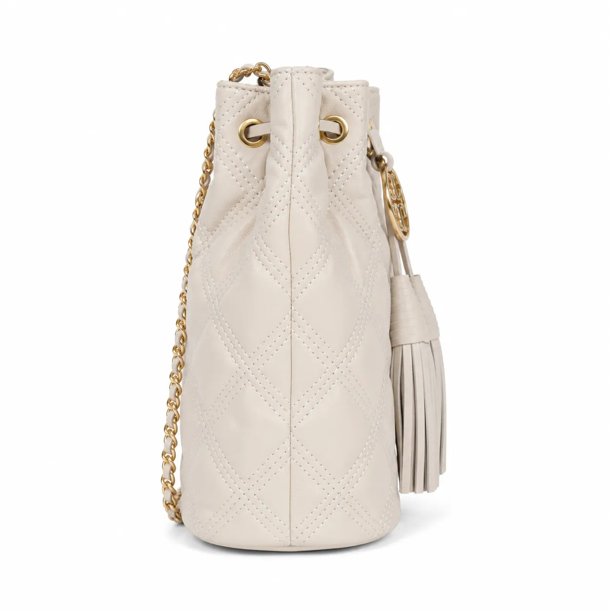 Tory Burch Fleming off-white quilted lambskin with gold logo and tassels  comes with an adjustable chain shoulder strap for multiple carrying options a women's designer handbag