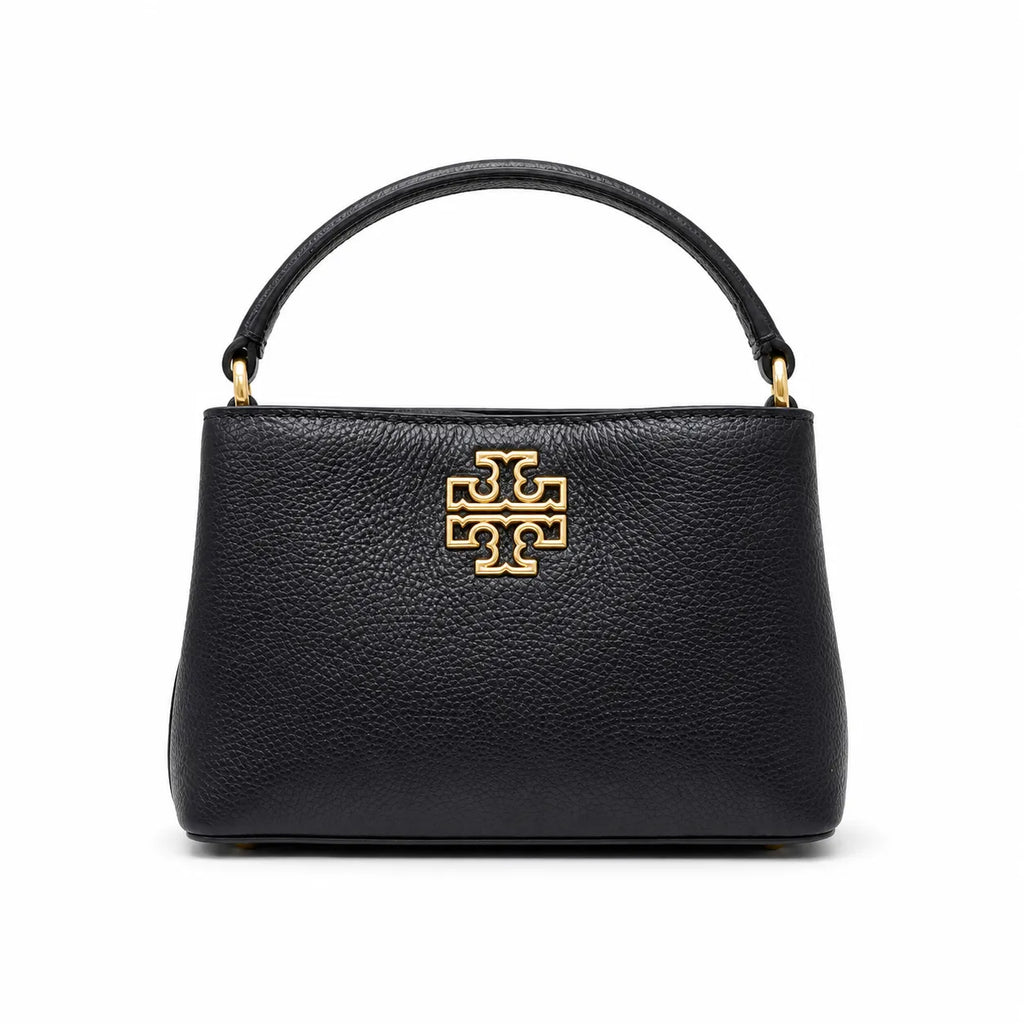 Tory Burch Britten | Black pebbled leather detachable shoulder strap multiple carrying options women's designer handbag