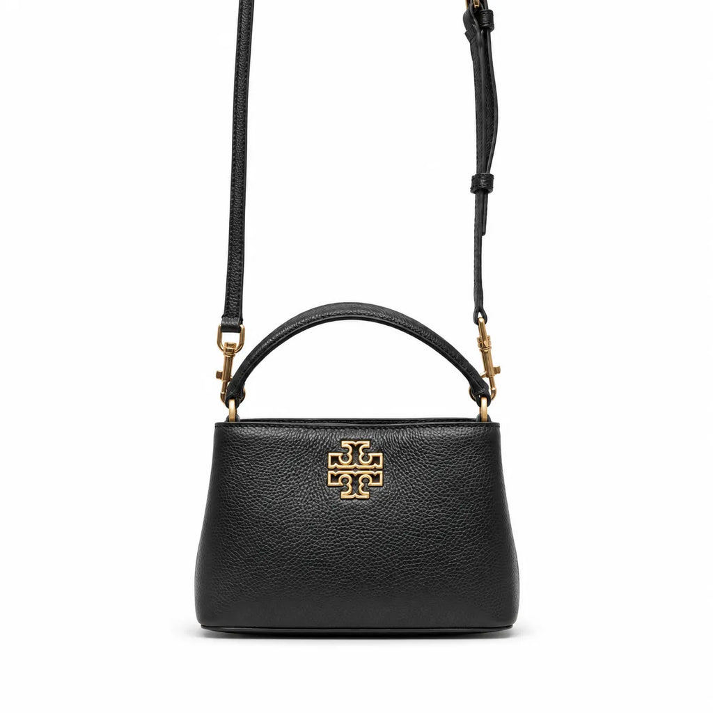Tory Burch Britten | Black pebbled leather detachable shoulder strap multiple carrying options women's designer handbag