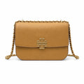 Tory Burch Britten caramel leather handbag with adjustable chain shoulder strap  offering multiple carrying options  A designer handbag for women