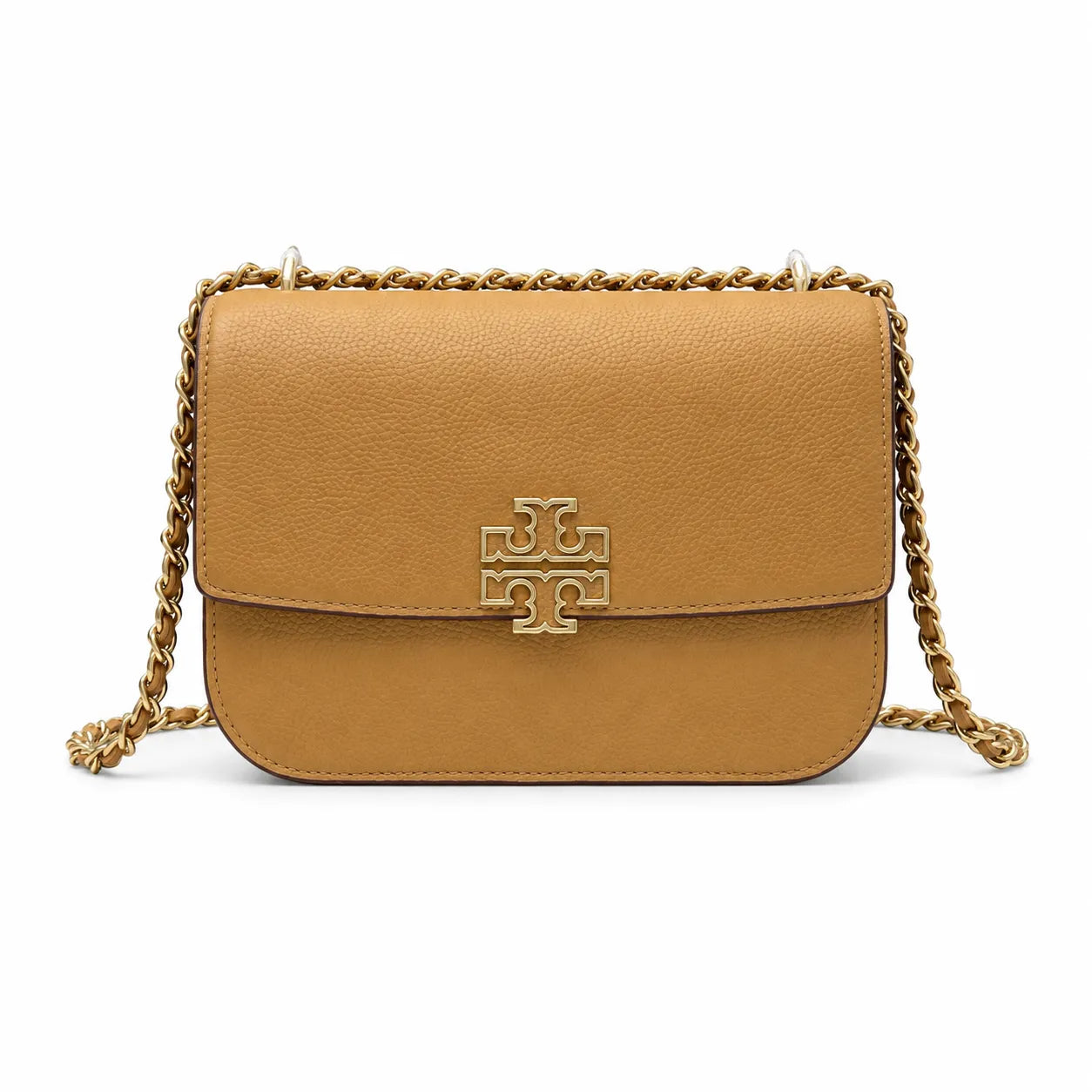 Tory Burch Britten caramel leather handbag with adjustable chain shoulder strap  offering multiple carrying options  A designer handbag for women