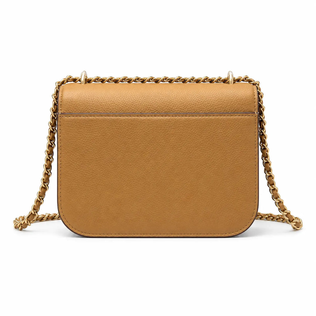 Tory Burch Britten caramel leather handbag with adjustable chain shoulder strap  offering multiple carrying options  A designer handbag for women