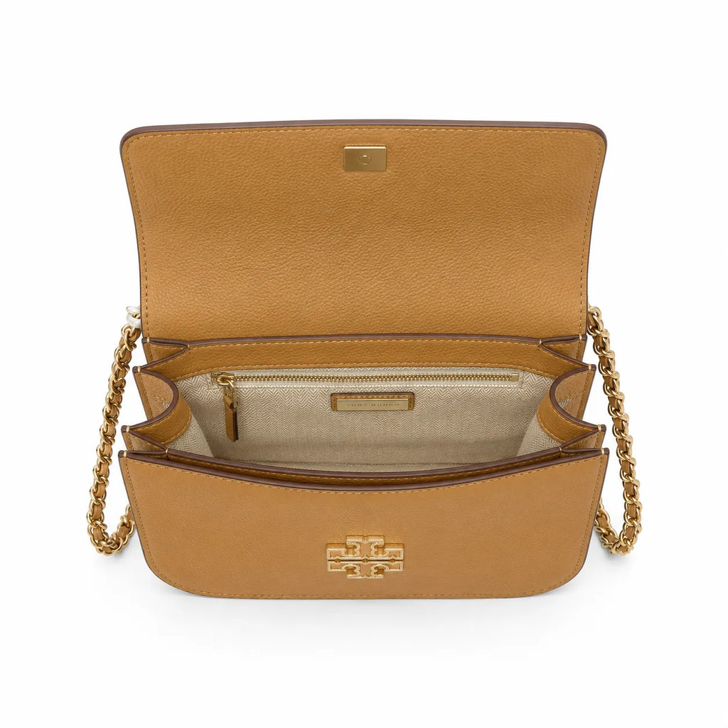 Tory Burch Britten caramel leather handbag with adjustable chain shoulder strap  offering multiple carrying options  A designer handbag for women