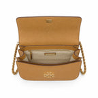 Tory Burch Britten caramel leather handbag with adjustable chain shoulder strap  offering multiple carrying options  A designer handbag for women