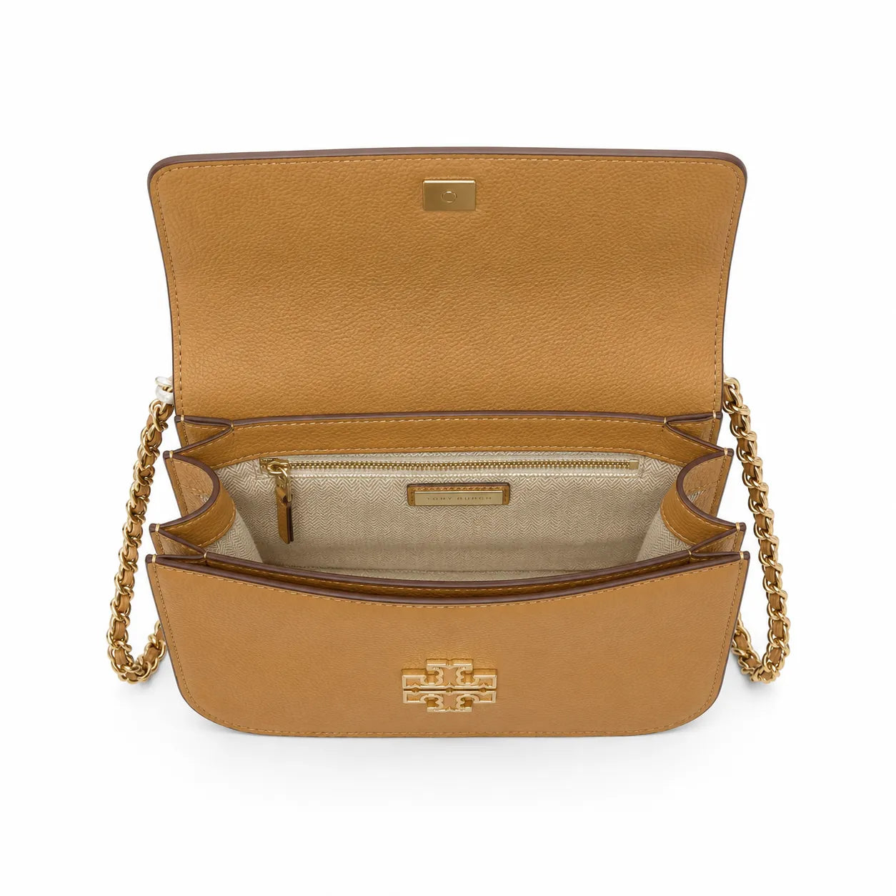 Tory Burch Britten caramel leather handbag with adjustable chain shoulder strap  offering multiple carrying options  A designer handbag for women