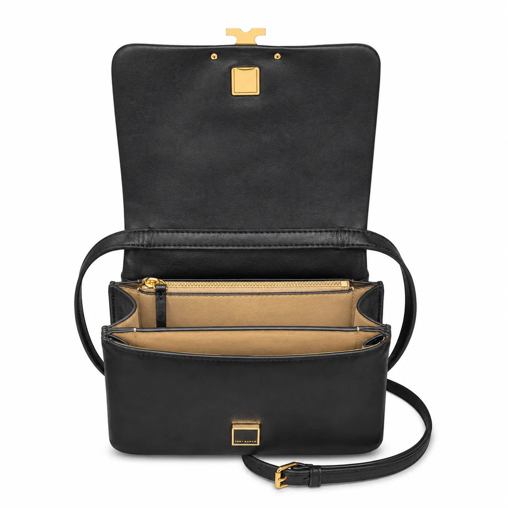 Tory Burch Charlie | Black supple calfskin adjustable shoulder strap  multiple carrying options women's designer handbag
