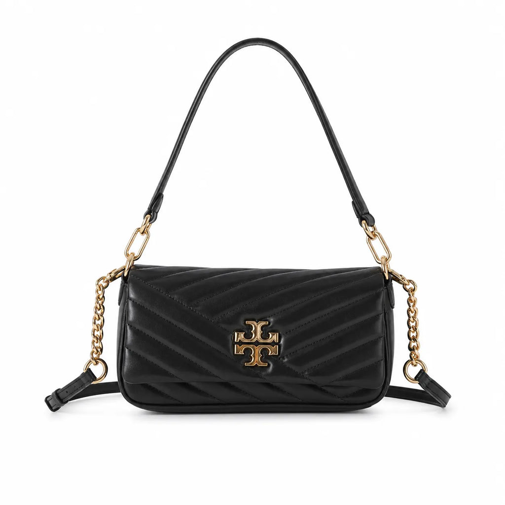 Tory Burch Kira Chevron | Black quilted lambskin detachable chain shoulder strap multiple carrying options women's designer handbag