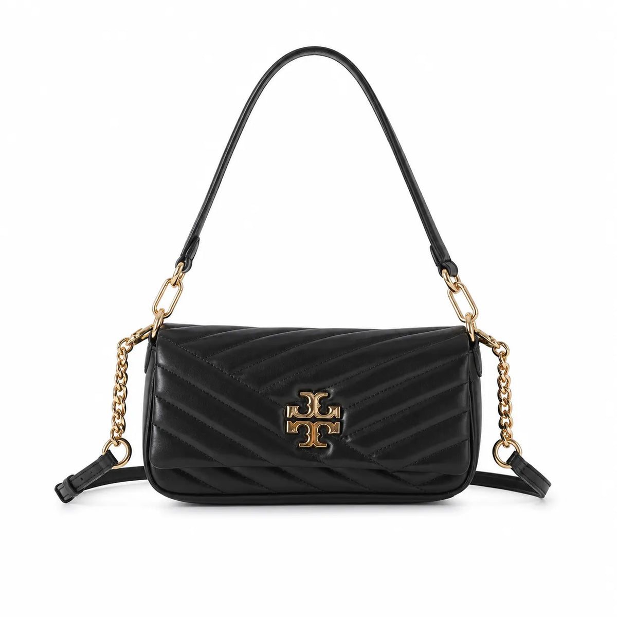 Tory Burch Kira Chevron | Black quilted lambskin detachable chain shoulder strap multiple carrying options women's designer handbag