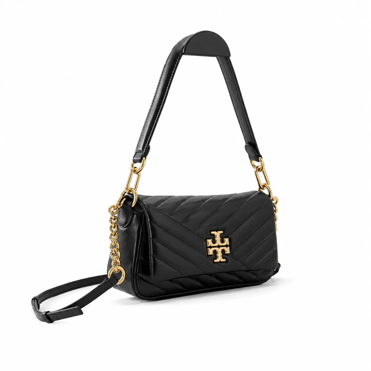 Tory Burch Kira Chevron | Black quilted lambskin detachable chain shoulder strap multiple carrying options women's designer handbag