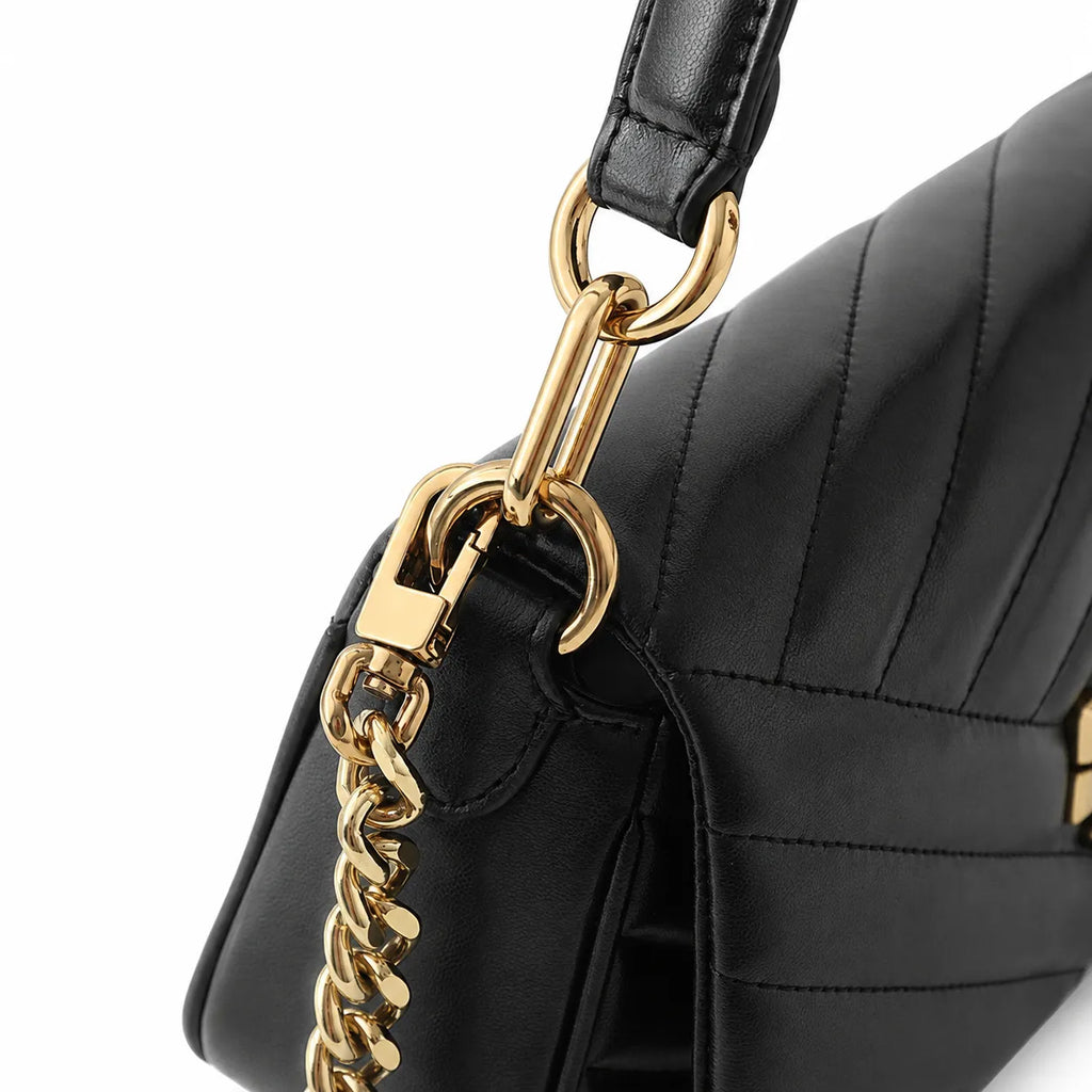 Tory Burch Kira Chevron | Black quilted lambskin detachable chain shoulder strap multiple carrying options women's designer handbag
