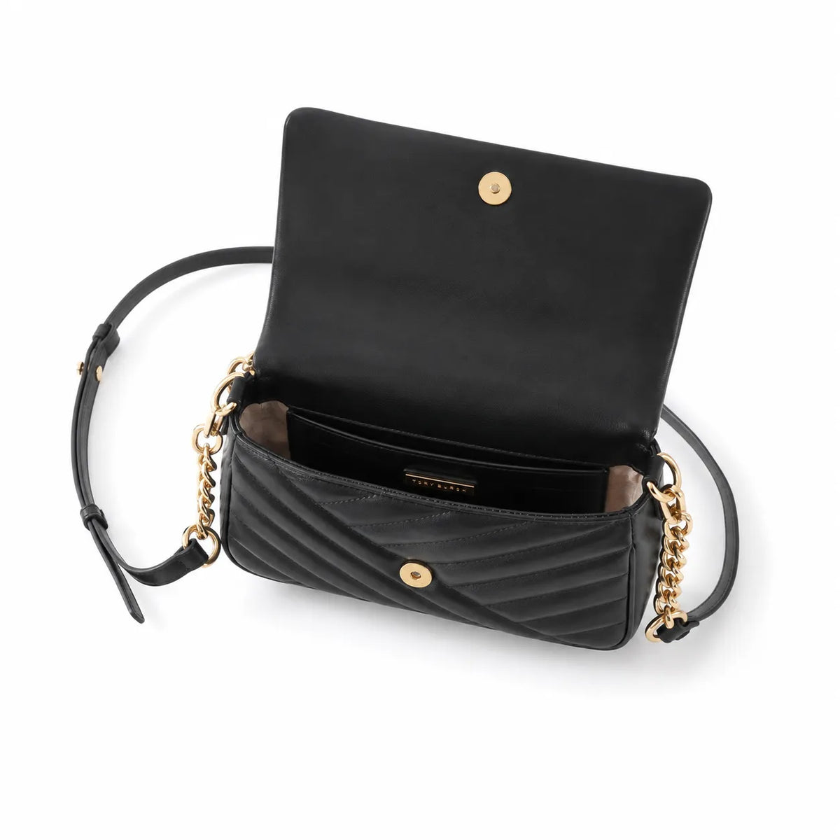 Tory Burch Kira Chevron | Black quilted lambskin detachable chain shoulder strap multiple carrying options women's designer handbag