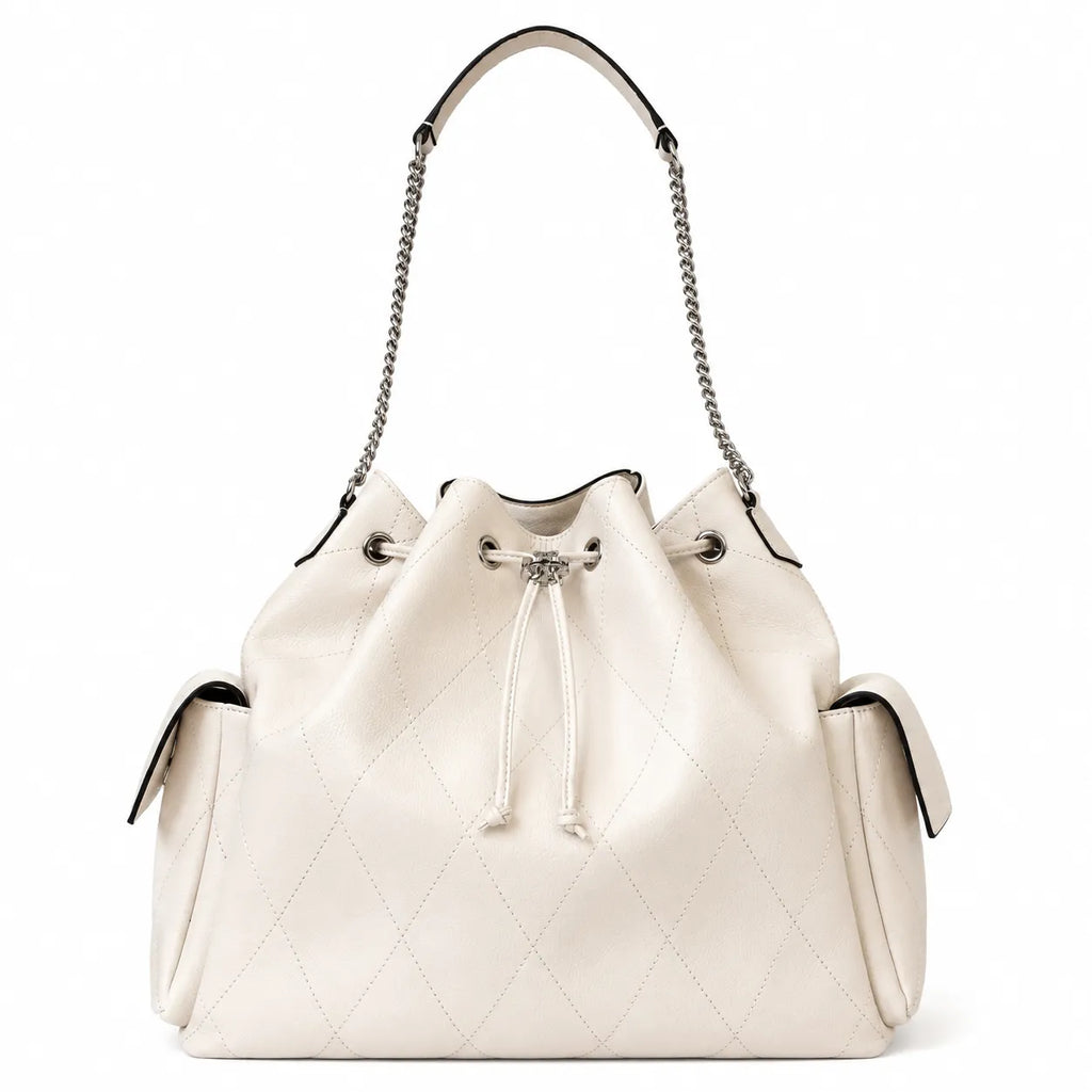 Tory Burch Charlie | Off-white pebbled leather  diamond stitching silver chain shoulder strap multiple carrying options women's designer handbag