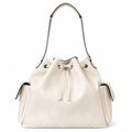 Tory Burch Charlie | Off-white pebbled leather  diamond stitching silver chain shoulder strap multiple carrying options women's designer handbag