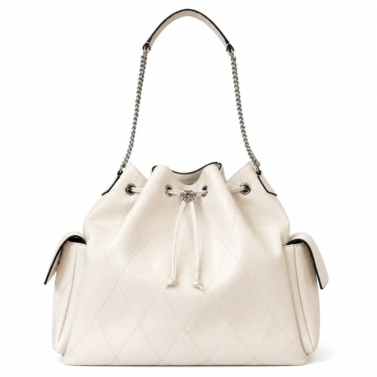 Tory Burch Charlie | Off-white pebbled leather  diamond stitching silver chain shoulder strap multiple carrying options women's designer handbag