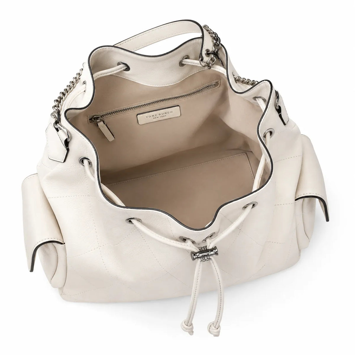 Tory Burch Charlie | Off-white pebbled leather  diamond stitching silver chain shoulder strap multiple carrying options women's designer handbag