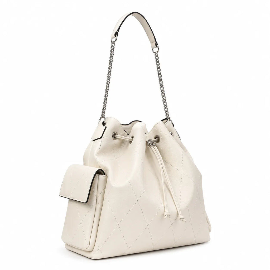 Tory Burch Charlie | Off-white pebbled leather  diamond stitching silver chain shoulder strap multiple carrying options women's designer handbag